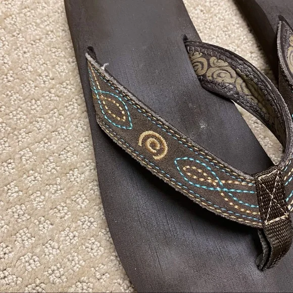 Cobain Brown Flip Flops w/ Turquoise Embroidery - Picture 5 of 7